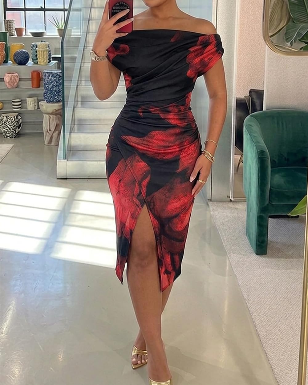 CHICME Womens Off Shoulder Summer Midi Dress