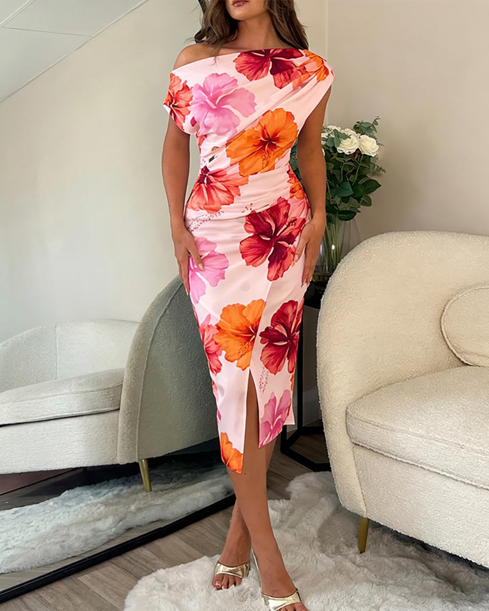 CHICME Womens Off Shoulder Summer Midi Dress
