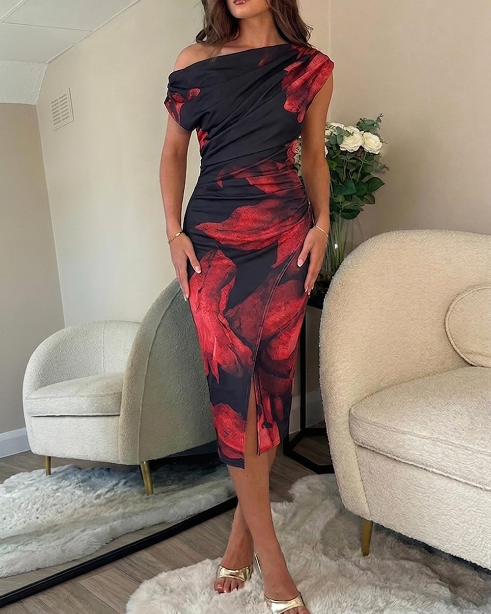 CHICME Womens Off Shoulder Summer Midi Dress