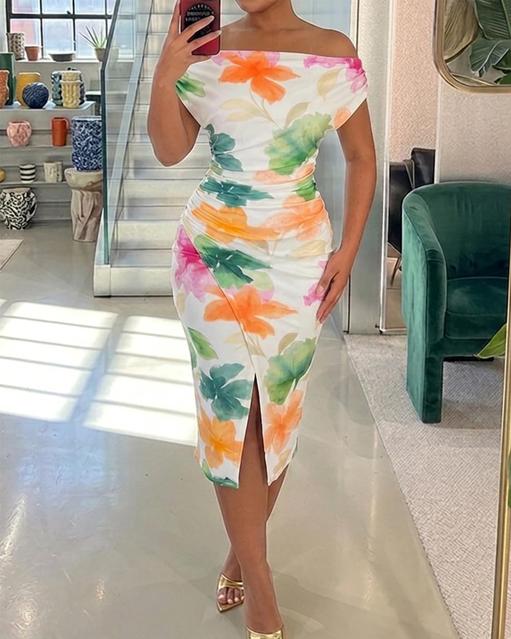 CHICME Womens Off Shoulder Summer Midi Dress