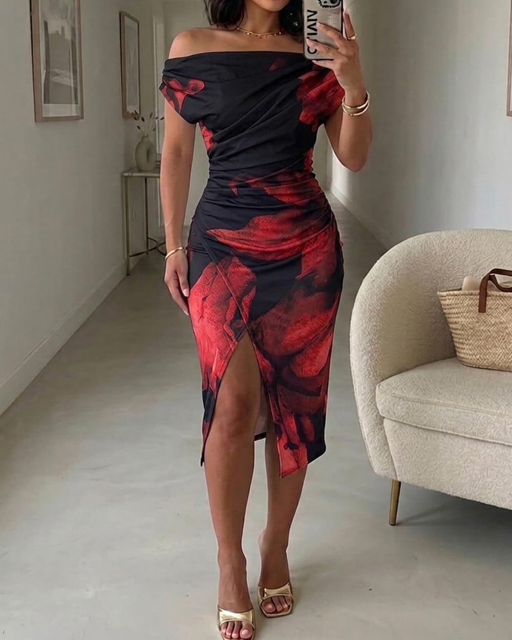 CHICME Womens Off Shoulder Summer Midi Dress