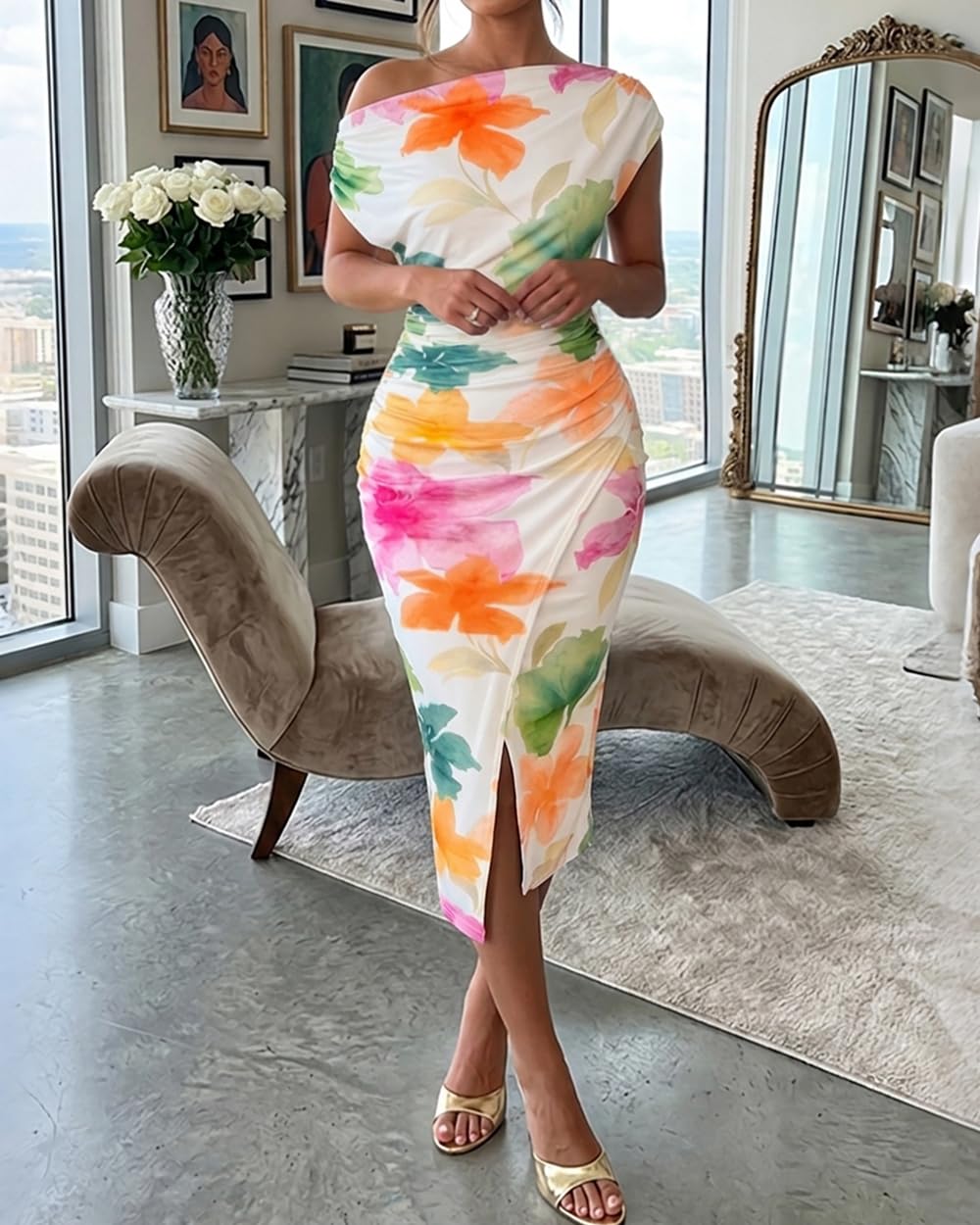 CHICME Womens Off Shoulder Summer Midi Dress