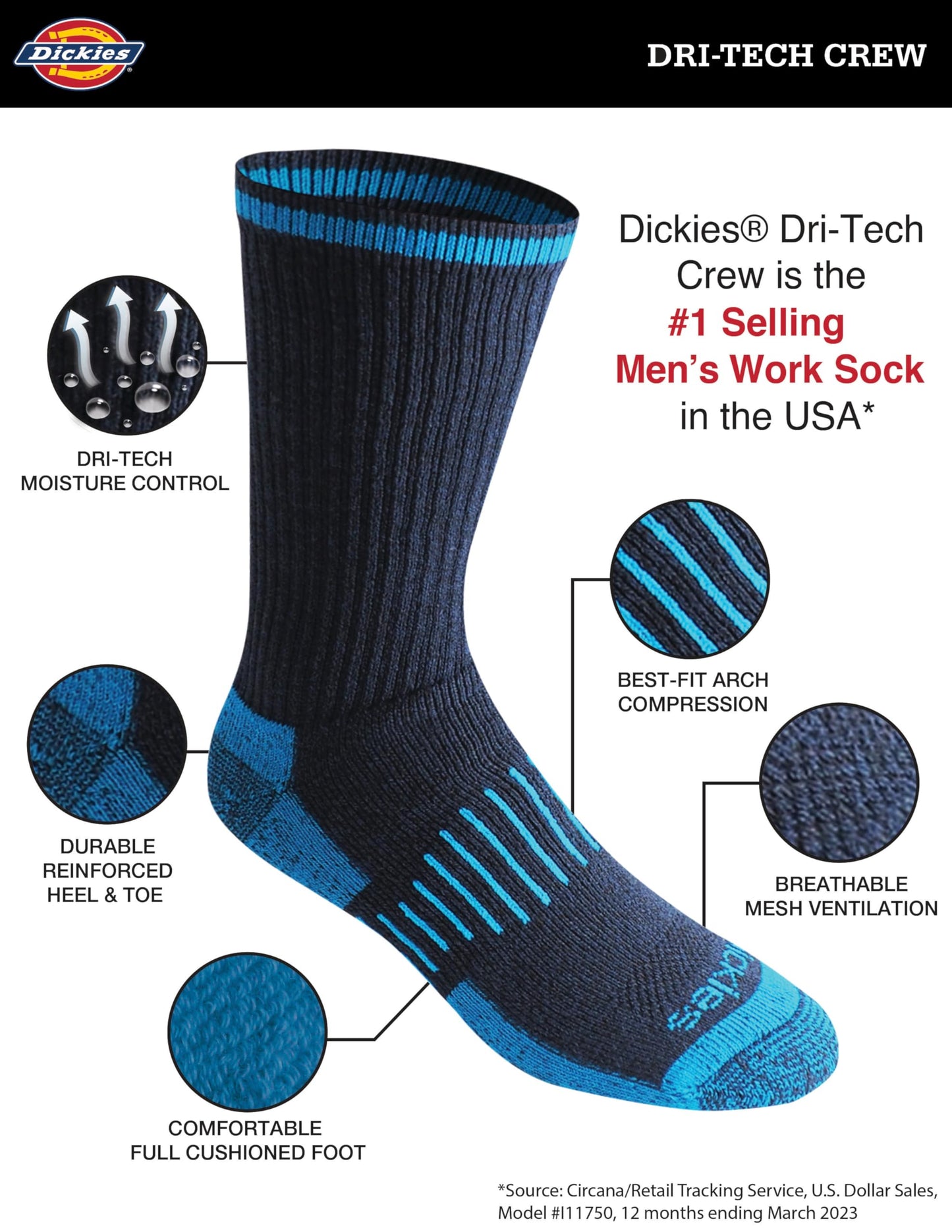 Dickies Men's Dri-tech Original Moisture Control Crew Socks, Available in M-xxl (6, 12, 18 Pairs)